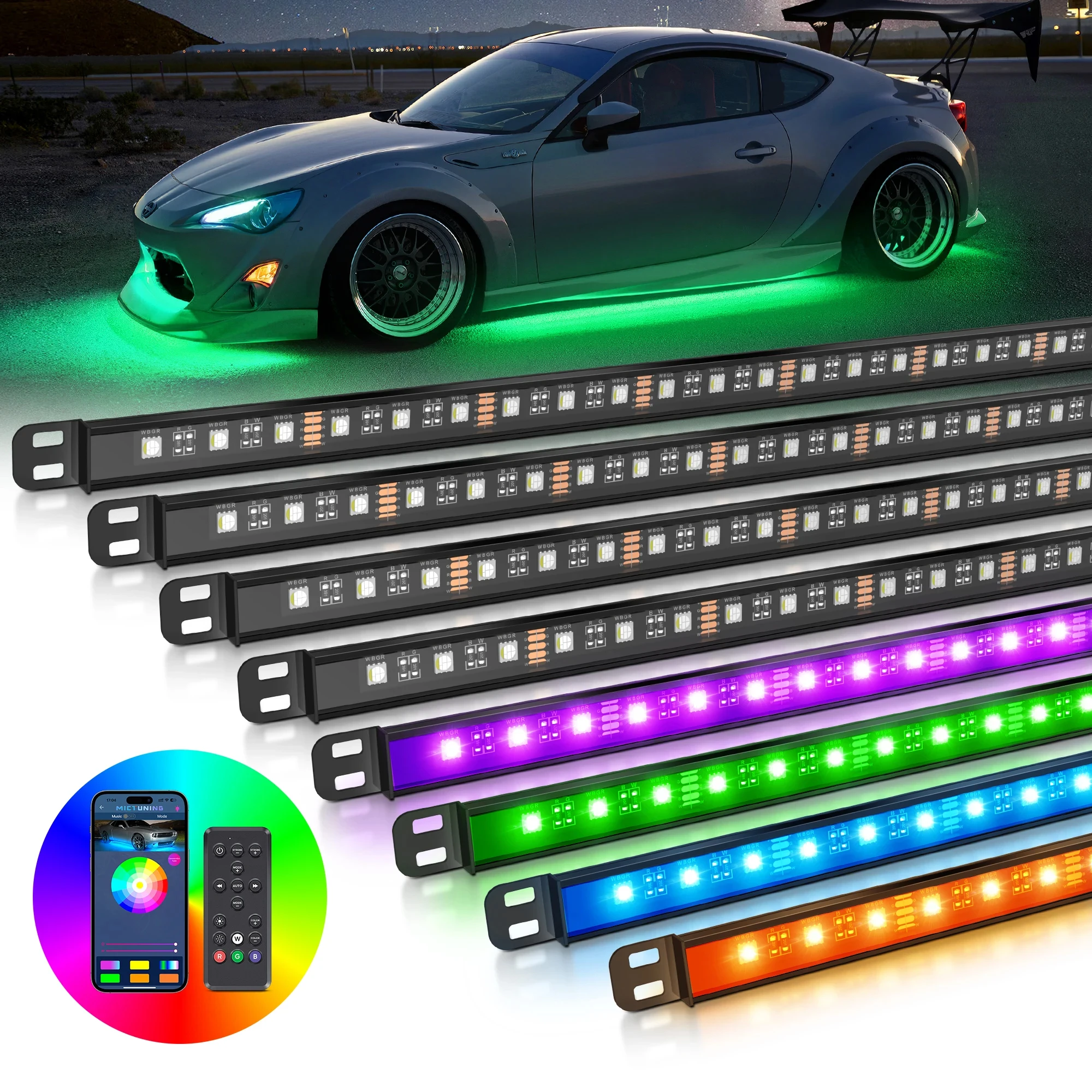S0da466f0ee324dfd9ab327124f4ec89dO.webp Kit Éclairage Sous Caisse E46 — Strips RGBW LED App & Télécommande