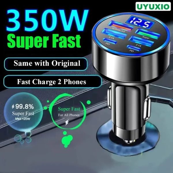 Sa37f619a01d9449590a8d656121e1d21i.webp Chargeur Voiture USB-C 6-en-1 350W — Affichage Digital
